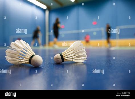 Badminton Badminton Courts With Players Competing Shuttlecock Stock