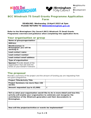 Birmingham City Council Windrush 75 Small Grants Programme Application