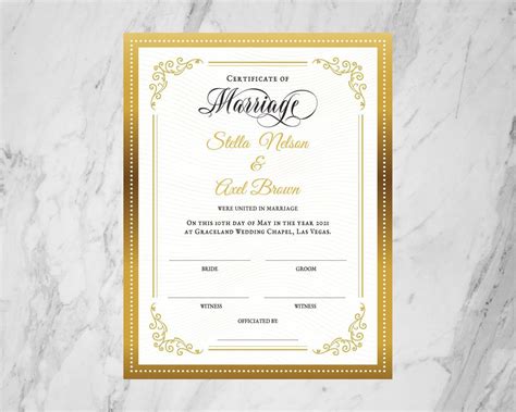 Editable Marriage Certificate Template Printable Gold Wedding