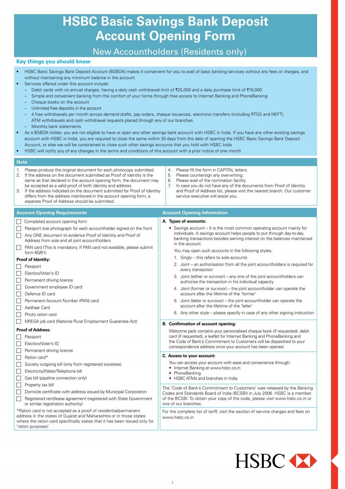 Fillable Online Hsbc Basic Savings Bank Deposit Account Opening Form