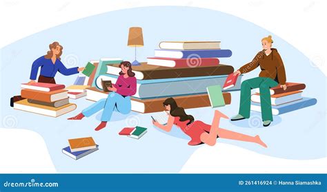 Flat Young People Read Exchange And Borrow Books In Library Stock Vector Illustration Of Swap