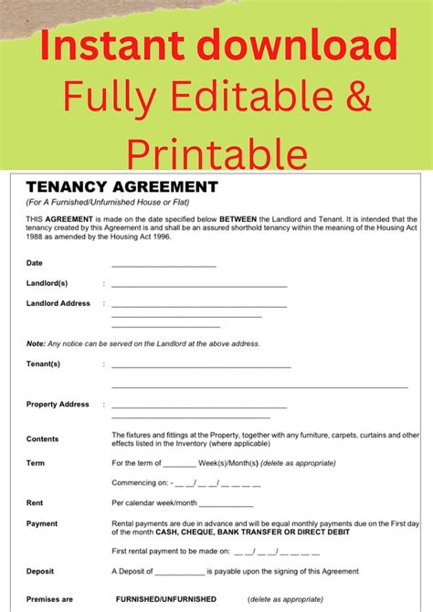 Fully Editable Tenancy Agreement Rental Agreement Printable Easy And