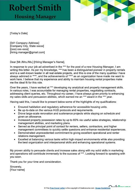 Housing Manager Cover Letter Examples Qwikresume