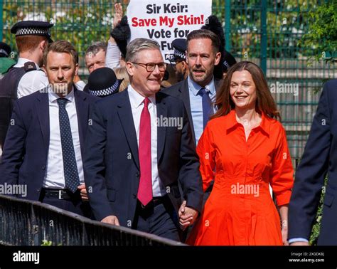 Keir Starmer And His Wife Victoria Arrive At Their Local Polling Station To Cast Their Vote In