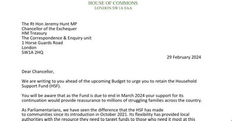 Letter To The Chancellor Commit To Keeping The Household Support Fund Clive Lewis