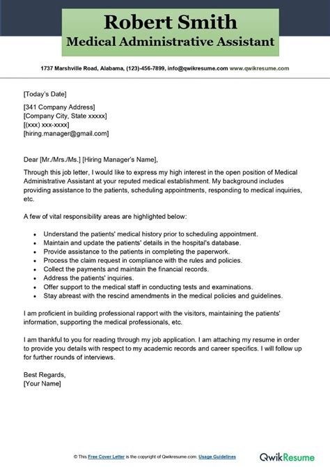 Medical Administrative Assistant Cover Letter Examples Qwikresume