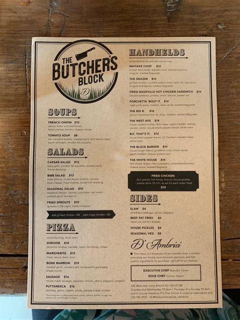 Menu At The Butchers Block Pizzeria Long Branch