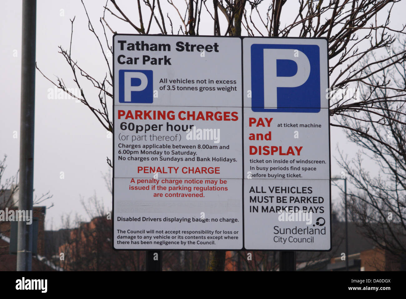 Pay And Display Car Park Sign Showing Parking Charges Penalty Charge