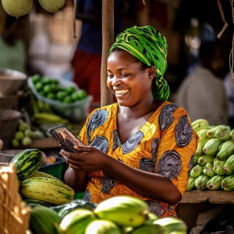 Premium Photo Smiling African Woman In The Market Holding Her Phone