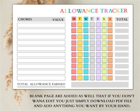 Printable Kids Allowance Chart Allowance Tracker Kids Savings Tracker