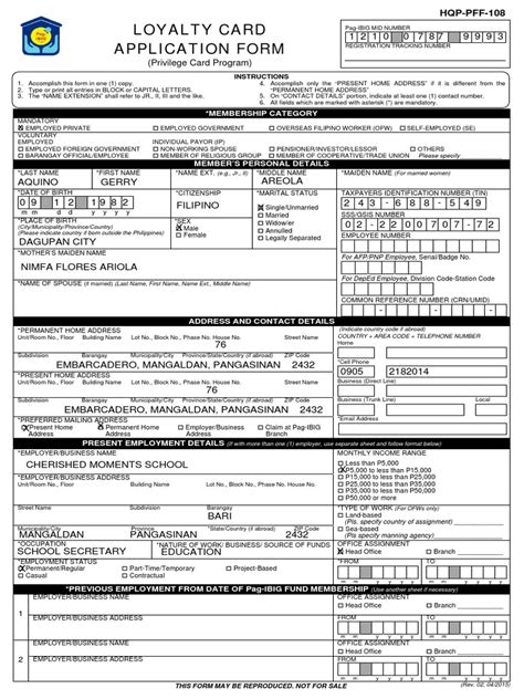 Revised Loyalty Card Application Form Hqp Pff 108 Credit Finance