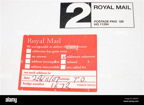 Royal Mail Sticker Used On Mail When Addressee Unknown Stock Photo Alamy