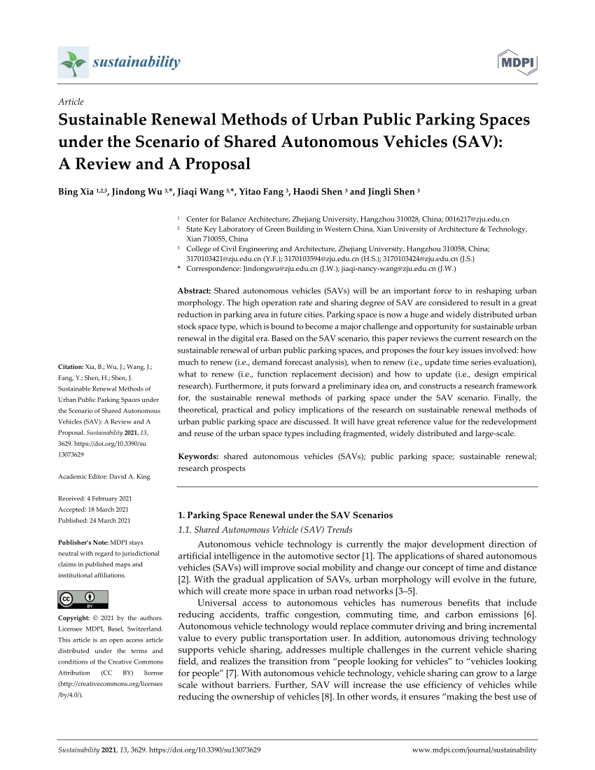 Sustainable Renewal Methods Of Urban Public Parking Spaces Under The Scenario Of Shared Autonomous Vehicles Sav A Review And A Proposal