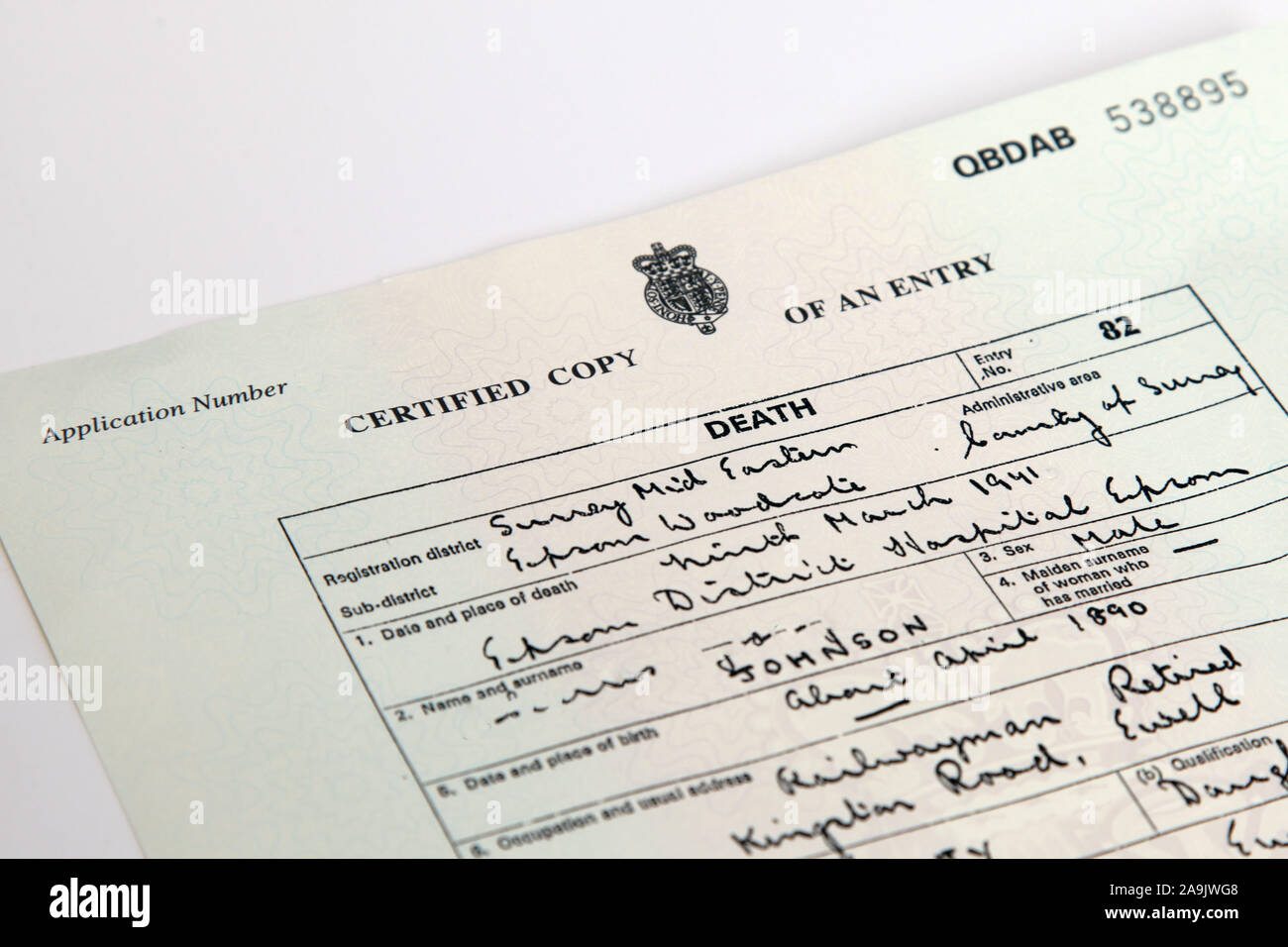 Uk Death Certificate Certificate Of Death Name Obscured Searching For Family Roots Stock