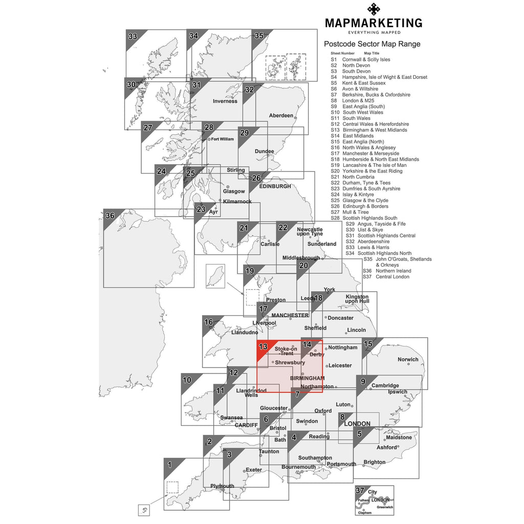 Wall Maps Birmingham West Midlands Postcode Map Sector Map 13